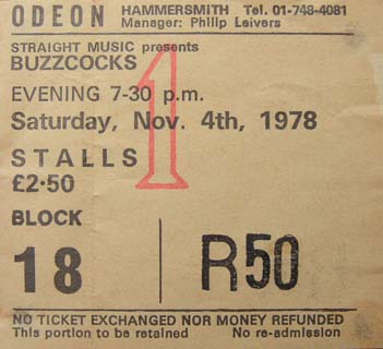 Buzzcocks / Subway Sect Tour 1978 Ticket Sub